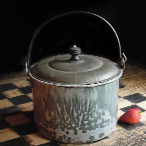 Antique Grey & White Enamel Metal Miner's Lunch Box Tin Lunch Pail / Vintage Small Child's Lunch Box Pail / Rustic Industrial Berry Pail