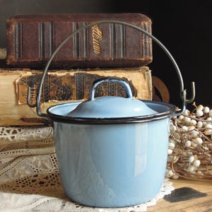 Antique Blue Enamel Pot Bucket & Lid / Rustic Kitchen Chippy Enamelware Graniteware