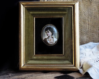Antique Victorian 1800s Portrait / Hand Painted Miniature Portrait Porcelain Brooch Gold C Clasp