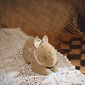 May include: A vintage plush rabbit toy with brown fur, pink ribbon, and glass eyes. The rabbit is sitting on a white lace tablecloth.