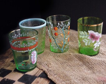 Four Antique Victorian Green Glasses Small Juice Glasses or Bathroom Cups /  Green Glass Tumblers