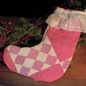 Vintage Quilt Christmas Stocking / Red Cream Purple Christmas Stocking / Vintage Trim