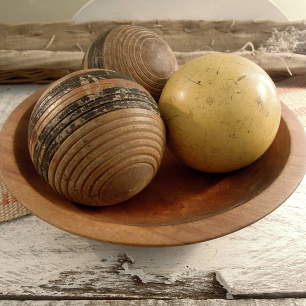 Three Vintage Weathered Croquet Balls / Yellow / Black Stripe ; Home Decor