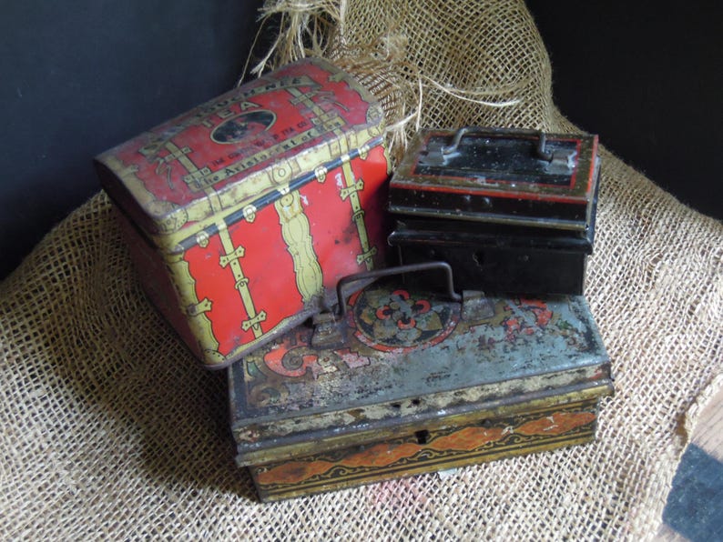 Vintage Black Cash Boxes & Tea Tin England Antique English Small Cash ...