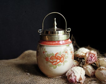 Antique Biscuit Barrel Brass and Ceramic / Biscuit Jar / Cookie Jar Cookie Storage