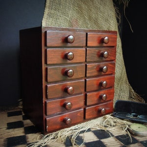 Vintage Wooden Box with Twelve Drawers Wood Knobs / Jewelry Box / Small Dresser / Studio Storage