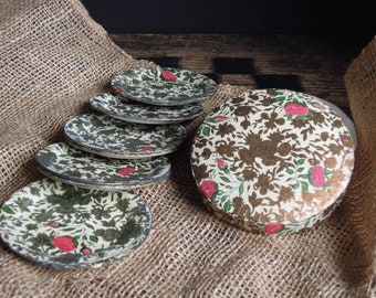 Eight Vintage Gold and Red Flower Coasters in Round Box / Container / Paper Mache Drink Trivets Made in Japan