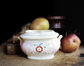 Vintage Lusterware Sugar Bowl / Staffordshire England Early 1800s / Pink Transferware Ironstone / Large Sugar Bowl