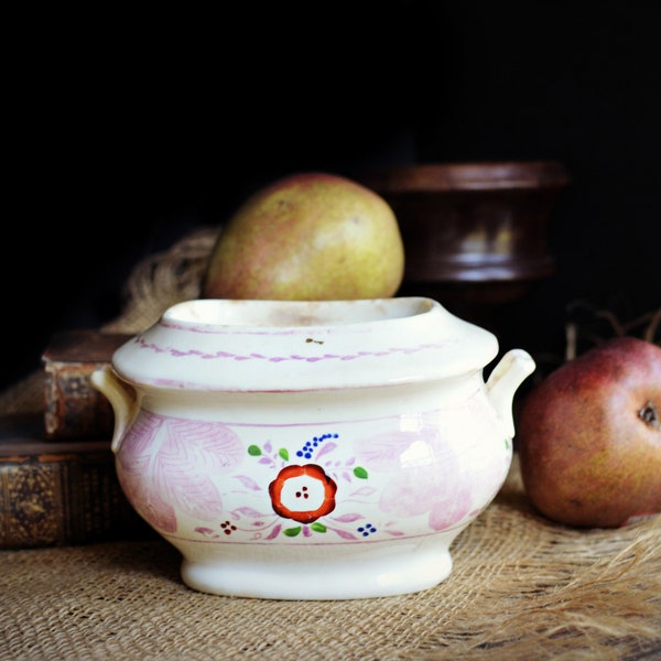 Vintage Lusterware Sugar Bowl / Staffordshire England Early 1800s / Pink Transferware Ironstone / Large Sugar Bowl