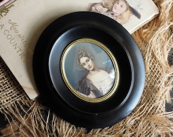 Antique Regency Era 1800s Oil Portrait / Hand Painted Miniature Portrait in Original Black Lacquer Wood Frame Glass Brass Detail