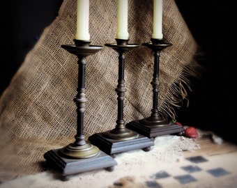 Three Vintage Wood Candlestick Holders / Trio of Matching Wood & Brass Candle Holders