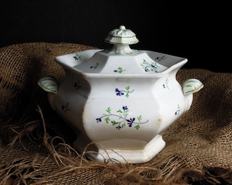 Antique 1830s Tureen / Staffordshire Blue Flower Transferware / Antique English Ironstone Tureen