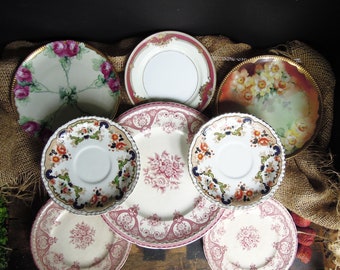 Seven Vintage Mixed Shabby Cottage Plates Limoges English / Mini Collection Antique English Plates / Wall Decor