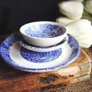 Three Vintage Blue Transferware English Ironstone Butter Pats Bread Plate / English country Wall Decor