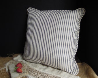 Vintage / Antique Ticking Covered Pillow / Primitive  Ticking Pillow / Blue White Stripe / Country Farmhouse Ticking