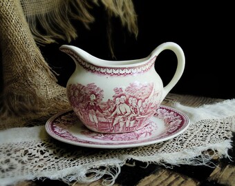 Vintage Pitcher Red Transferware Jug / Creamer Pitcher Gravy / Homer Laughlin Transferware Currier & Ives Patterns