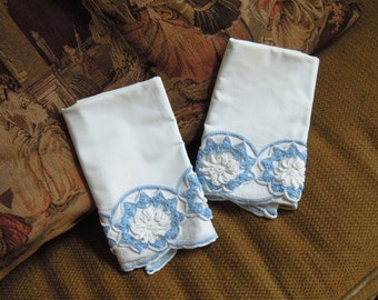 Vintage Pillow Cases White Cotton Crocheted Pillowcases / Blue & White Crochet Trim / Standard Shabby Cottage Chic Boudoir