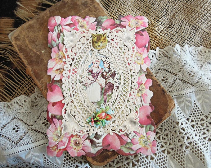 St Valentin Roses Carte de Saint-Valentin victorienne ancienne en papier découpé napperon ...