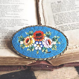Antique Millefiori Micro Mosaic Italian Brooch / Brass Flower Brooch / C Clasp