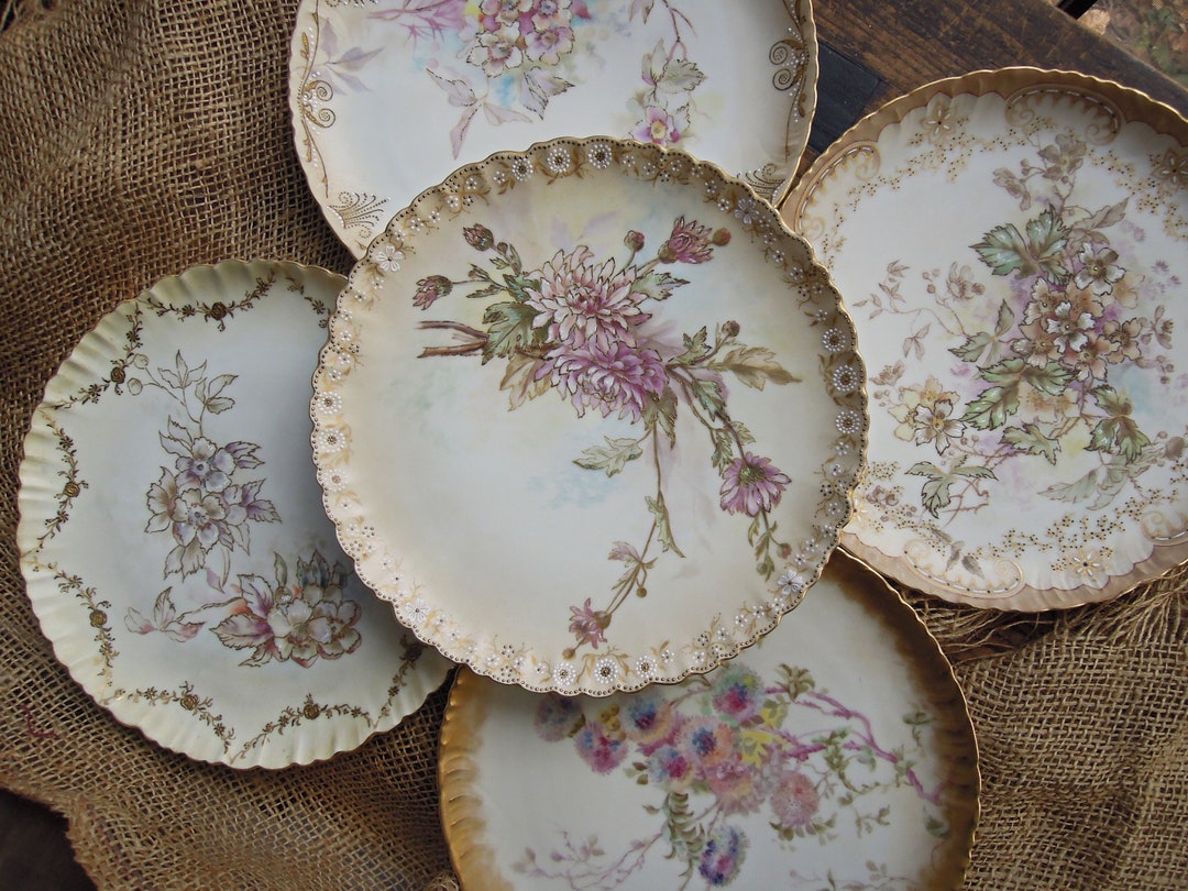 Five Antique 1892 French Plates Limoges Porcelain Artist's Signed Hand