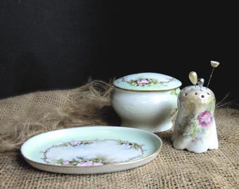 Antique Vanity Tray Set / Small Covered Trinket Dish Small Oval Plate Hat Pin Holder / Made in Germany Artist Signed Floral & Hat Pins