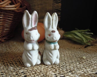 Antique White 2.75" Tall Boy & Girl White Rabbits Bunnies / Japan Ceramic Small Candy Holders