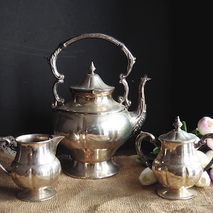 Three Piece Silver Plate Tea Pot Creamer & Sugar / Tea Service / Bachelors Tea Set