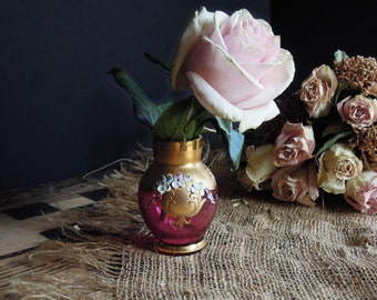 Vintage Vase Cranberry Glass Bohemian Glass Vase Enamel Flowers & Gold Gilded Hand Painted / Posy Vase