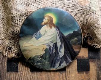 Vintage Picture of Jesus Christ Under Convex Glass / Icon Convex Glass / Hand Made Peter Watson's Studio / Religious Picture