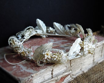 Antique Wax Tiara Bridal Wax Orange Blossom Buds Wedding Crown / Bride's Wax & Silk Flowers Braided Silk Hair Tiara  1890s-1910s