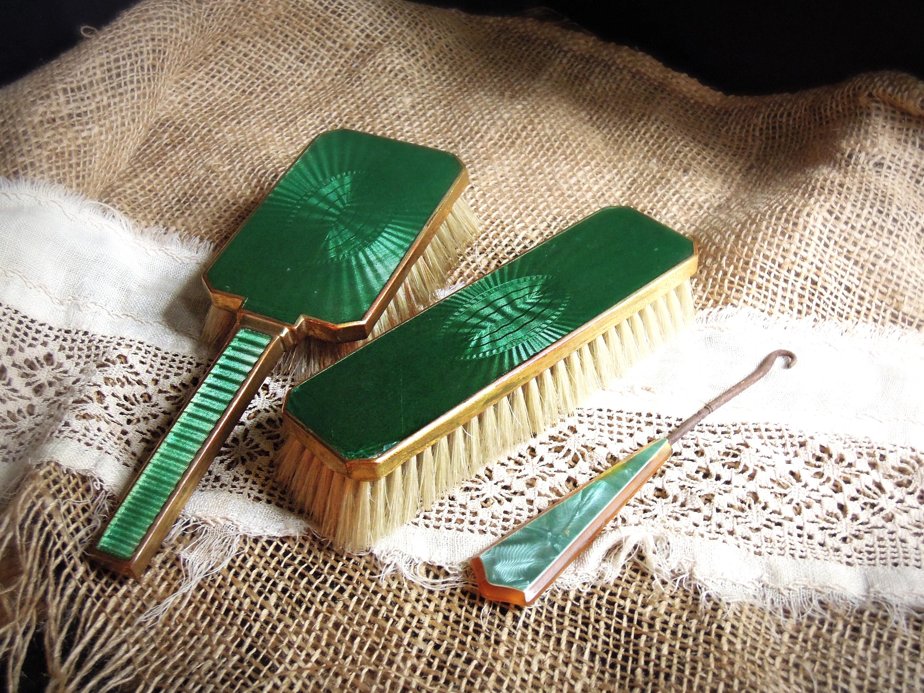 Guilloche Enamel Floral Silver Plate Hair Brush Vintage Art Deco Hairbrush Wood Antique 1920s Guilloche Enamel Hair Brush, 935 Sterling  main image 4