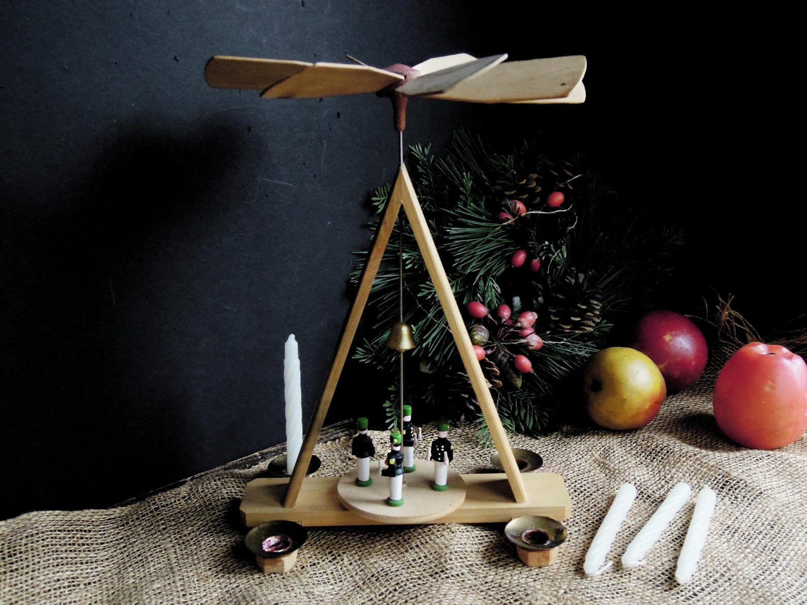 German Christmas Pyramid - 18 Inch Wood Nativity Carousel With 6 Candle Holders - Holiday Decor
