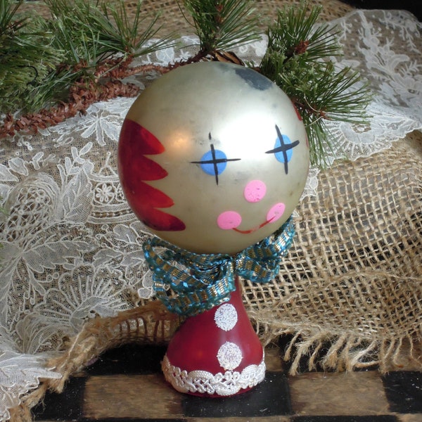 Vintage Clown Tree Topper  Red and Silver Mercury Glass Christmas / German White Mica Tree Topper