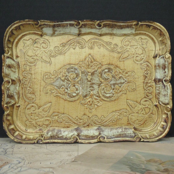Vintage White and Gold Italian Florentine Tray / Small Rectangular Tray