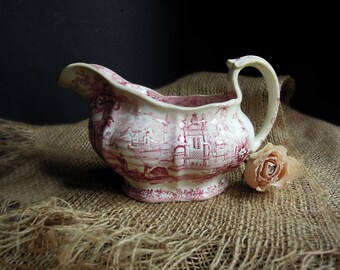 Antique Red Transferware Gravy / Creamer Gravy / Early 19th Century English Transferware