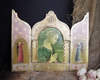 Adorable Vintage Pink & Gold Florentine Tole Triptych / Icon / Virgin Mary / Madonna / Arch Angel Panels