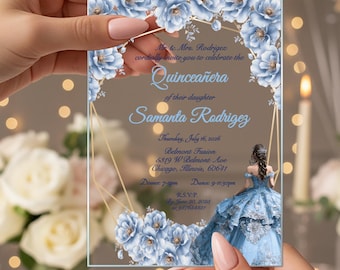 Invitación acrílica azul grisáceo para quinceañera, invitación transparente para dulces 16, tarjetas de princesa con vestido azul hielo para fiesta de quinceañera