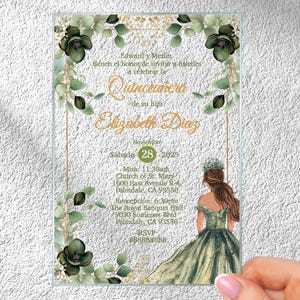 Sage Green Acrylic Quinceanera Invitation: Elegant Sweet 16 Invite