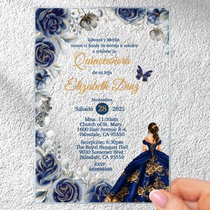 Uitnodiging koningsblauwe quinceanera: doorzichtige acryl Sweet 16-uitnodiging