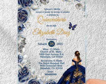 Invitación de Quinceañera Azul Real: Invitación de Acrílico Transparente para Dulces 16