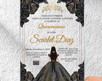 Invitación de quinceañera en negro y dorado, invitaciones de lujo en acrílico transparente para eventos elegantes, invitación con vestido negro para dulces dieciséis