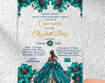 Invitación turquesa para quinceañera, invitaciones acrílicas aguamarina para dulces dieciséis, tarjetas transparentes con princesa turquesa para quinceañera.