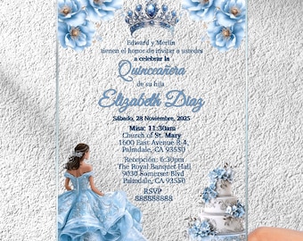 Invitaciones acrílicas azul bebé para quinceañera, elegantes invitaciones azul claro para dulces 16, tarjetas transparentes para fiesta de quinceañera