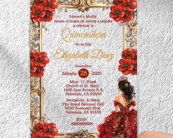 Invitación roja para quinceañera, elegantes invitaciones acrílicas para dulces 16, invitación personalizada en dorado y rojo para quinceañera
