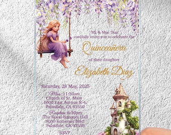 Invitación de Rapunzel para quinceañera, invitaciones acrílicas con temática de Enredados, tarjeta transparente de quinceañera para los amantes de Rapunzel.