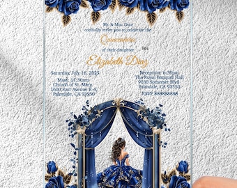 Invitaciones azul real para quinceañera, tarjetas transparentes de princesa con vestido azul para dulces dieciséis