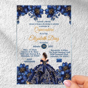 Uitnodiging koningsblauwe acryl quinceañera: elegante, bloemen Sweet Sixteen-uitnodiging