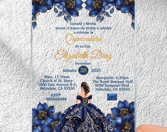Invitación de quinceañera azul real, invitaciones acrílicas con princesa vestida de azul, invitación para eventos elegantes de dieciséis años