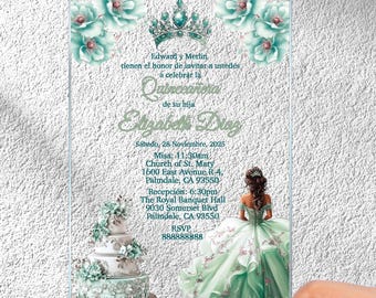 Invitaciones verde menta para quinceañera, invitaciones acrílicas verde pastel para dulces dieciséis, tarjetas florales transparentes para quinceañera