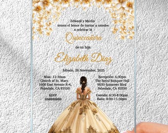 Invitación de quinceañera en acrílico dorado, elegante invitación dorada/champán para dulces dieciséis, tarjetas transparentes para fiesta de quince años